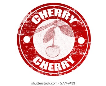 Red grunge rubber stamp with cherry shape and the word cherry written inside the stamp