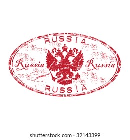 Red grunge rubber stamp with the coat of arms of Russia