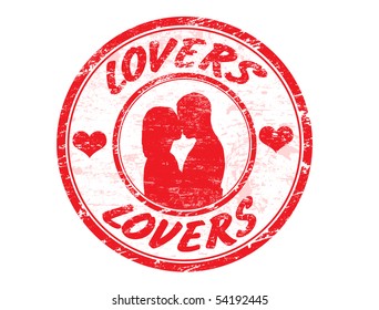 Red grunge rubber stamp with couple kissing  and the text lovers written inside the stamp
