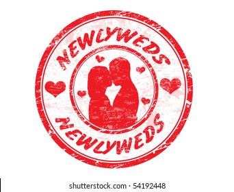 Red grunge rubber stamp with couple kissing  and the text newlyweds written inside the stamp