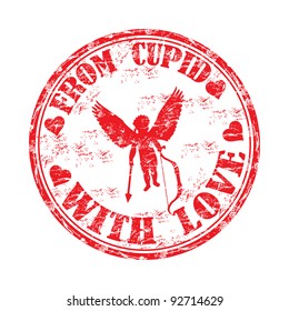 Red grunge rubber stamp with cupid silhouette and the text from cupid with love written inside the stamp