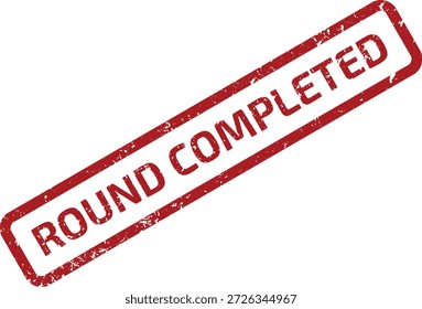 Carimbo vermelho grunge com o texto "REDONDO COMPLETO", isolado em branco. Significa a conclusão bem-sucedida de uma rodada, estágio ou fase do jogo.