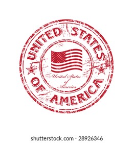 Red grunge rubber stamp with the flag of USA and the name of the United States of America written inside the stamp