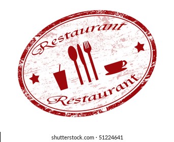 Red grunge rubber stamp with fork, knife, spoon, cup and the word restaurant written inside 