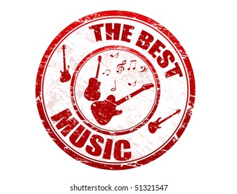 red grunge rubber stamp with guitars shape and the text the best music written inside 