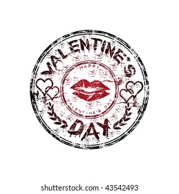 Red grunge rubber stamp with hearts and red lips. Valentine's Day grunge rubber stamp