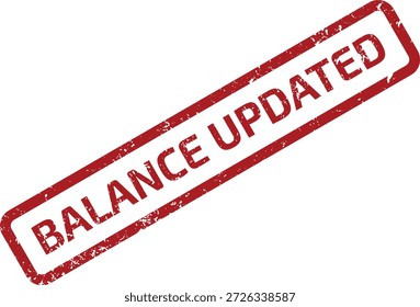 Impresión de sello de goma grunge rojo con el texto "BALANCE UPDATED" en diagonal sobre un fondo blanco, que significa un cambio de Cuenta o Estado.
