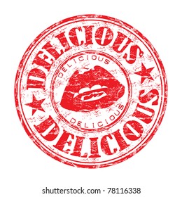 Red grunge rubber stamp with lips and the text delicious written inside the stamp