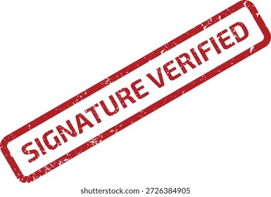 Red grunge rubber stamp marking 'SIGNATURE VERIFIED' on white. Useful for official approvals, authentication, and document validation.