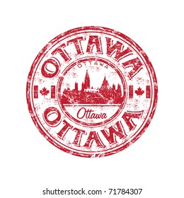 Red grunge rubber stamp with the name of Ottawa the capital of Canada written inside the stamp