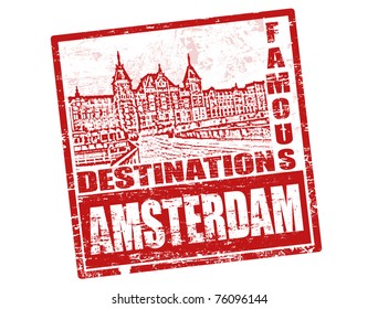 Red grunge rubber stamp with old houses and  the word Amsterdam, written inside