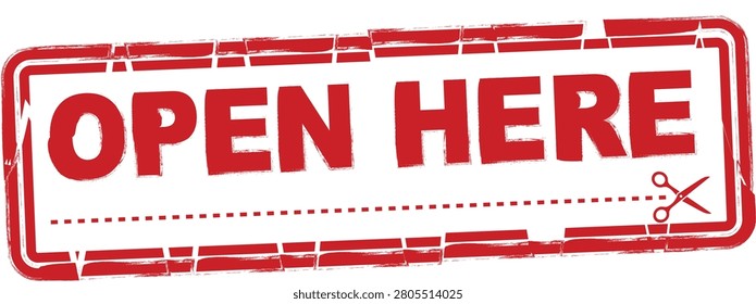 Red grunge rubber stamp with open here text and scissors