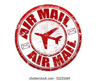 Red grunge rubber stamp with plane shape and and the text  air mail written inside