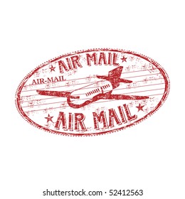 Red grunge rubber stamp with plane symbol and the text air mail written inside the stamp