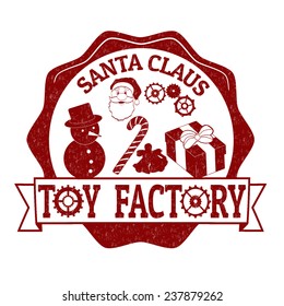 Red Grunge Rubber Stamp With Santa Shape,toys And The Text Santa Claus Toy Factory Written Inside The Stamp