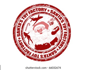 Red Grunge Rubber Stamp With Santa Shape,toys And The Text Santa's Toy Factory Written Inside The Stamp