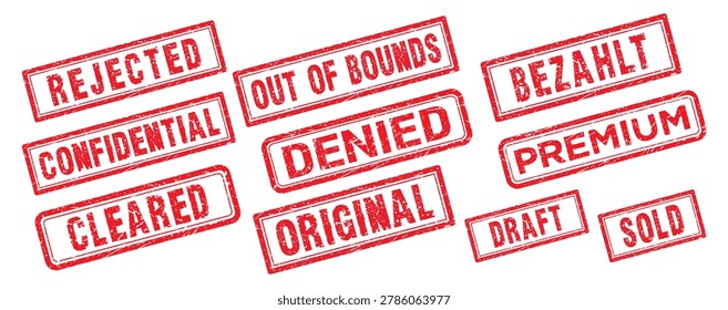 Red grunge rubber stamp set. Containing text rejected confidential cleared denied original bezahlt premium draft and sold design. Editable vector stamp illustration