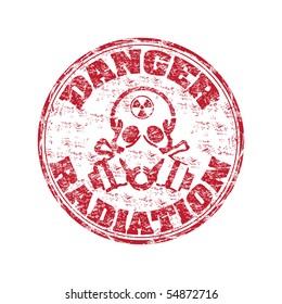 Red grunge rubber stamp with skull wearing a gas mask and the radiation symbol on the top of his head. Danger radiation grunge rubber stamp