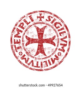 Red grunge rubber stamp with templar cross and the text templi sigilvm militvm written  inside the stamp