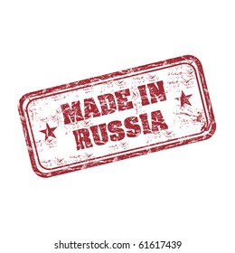 Red grunge rubber stamp with the text made in Russia written inside the stamp