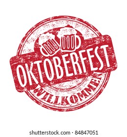 Red grunge rubber stamp with two beer mugs and the text Oktoberfest written inside the stamp