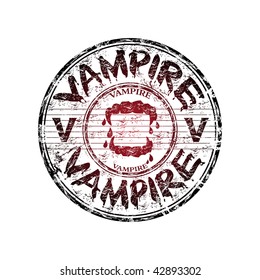 Red grunge rubber stamp with vampire teeth and the word vampire written with bloody letters