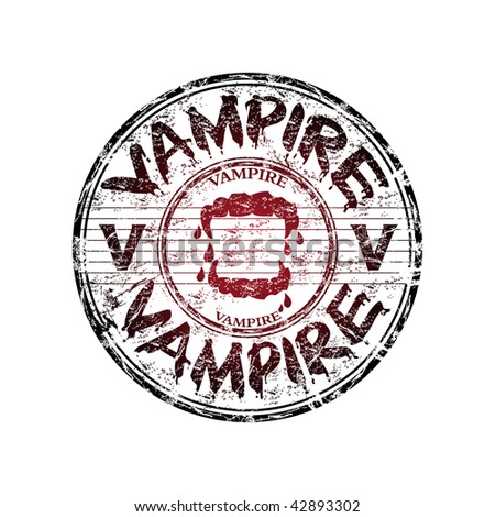 Red grunge rubber stamp with vampire teeth and the word vampire written with bloody letters