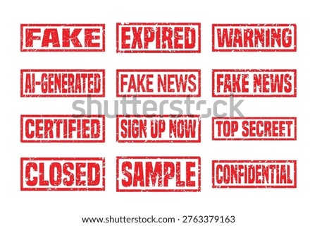 Red grunge rubber stamp vector collection with fake news top secret confidential closed and warning distressed signs