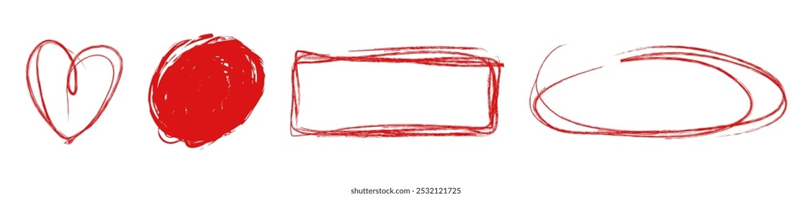 Red grunge shape, marker, frames, brush elements set. Hand drawn sketch marker underline shape, frame, background scribble brush pen stroke element. Childish doodle naive vector illustration