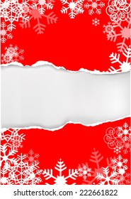  Red grunge  snowflakes background.  Red grunge  snowflakes background with torn paper with place for your text or image. Vector illustration. 