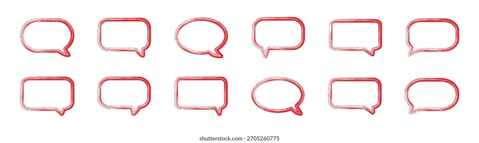  Traço de bolha de fala Grunge vermelho definido. Caixas de citações desenhadas à mão e formas de bolhas de fala texto Coleção de bolhas de fala desenhadas à mão.