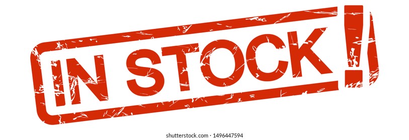 red grunge stamp with frame, big exclamation mark and text IN STOCK!