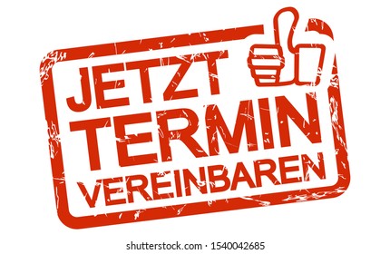red grunge stamp with frame, big thumbs up and text arrange meeting now (in german)