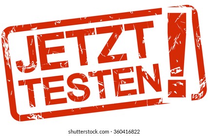 red grunge stamp with frame, big exclamation mark and text try now (in german)