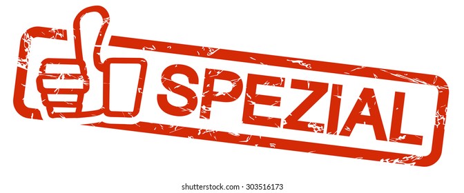 red grunge stamp with frame, thumbs up and text SPECIAL (in german)