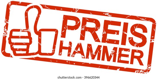 red grunge stamp with frame, thumbs up and text price hit (in german)
