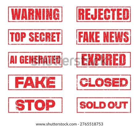 Red Grunge Stamp Labels Set.Warning, Fake, Top Secret, Expired, Sold Out Vector Style Design