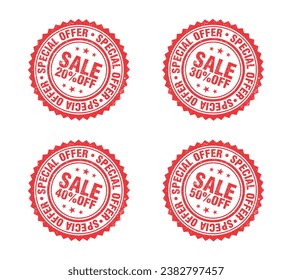 Red grunge stamp set. Special offer sale 20, 30, 40, 50 percent off. Vector illustration