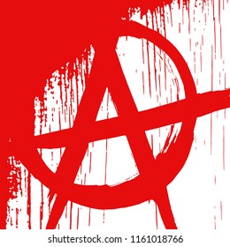 Red grunge texture with ink hand drawn symbol of anarchy with blood drops. Vector abstract vintage pattern. Background with noise and grain. Punk rock banner template. 