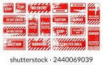 Red grunge warning signs with diagonal lines. Old attention, danger or caution sign, construction site signage. Realistic notice signboard, warning banner, road shield. Vector illustration