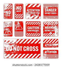 Red grunge warning signs with diagonal lines. Old attention, danger or caution sign, construction site signage. Realistic notice signboard, warning banner, road shield. Vector illustration