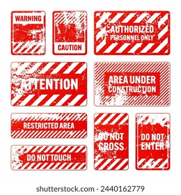 Red grunge warning signs with diagonal lines. Old attention, danger or caution sign, construction site signage. Realistic notice signboard, warning banner, road shield. Vector illustration