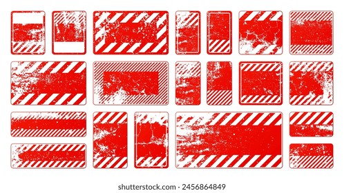 Red grunge warning signs with diagonal lines. Old attention, danger or caution sign, construction site signage. Realistic notice signboard, warning banner, road shield. Vector illustration