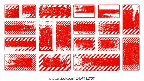 Red grunge warning signs with diagonal lines. Old attention, danger or caution sign, construction site signage. Realistic notice signboard, warning banner, road shield. Vector illustration