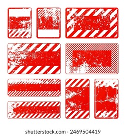 Red grunge warning signs with diagonal lines. Old attention, danger or caution sign, construction site signage. Realistic notice signboard, warning banner, road shield. Vector illustration