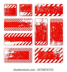 Red grunge warning signs with diagonal lines. Old attention, danger or caution sign, construction site signage. Realistic notice signboard, warning banner, road shield. Vector illustration