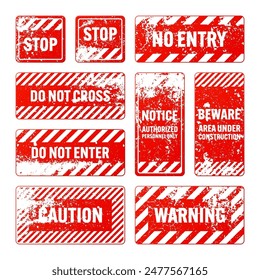 Red grunge warning signs with diagonal lines. Old attention, danger or caution sign, construction site signage. Realistic notice signboard, warning banner, road shield. Vector illustration