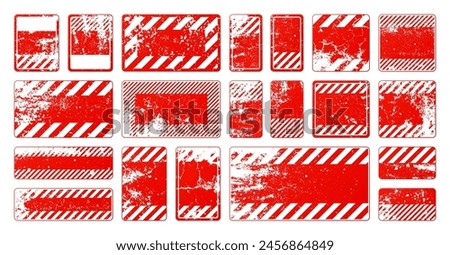Red grunge warning signs with diagonal lines. Old attention, danger or caution sign, construction site signage. Realistic notice signboard, warning banner, road shield. Vector illustration