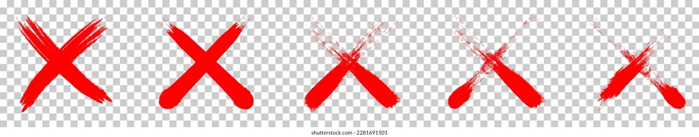Rote Grunge X Symbole. Vektorgrafik einzeln auf transparentem Hintergrund