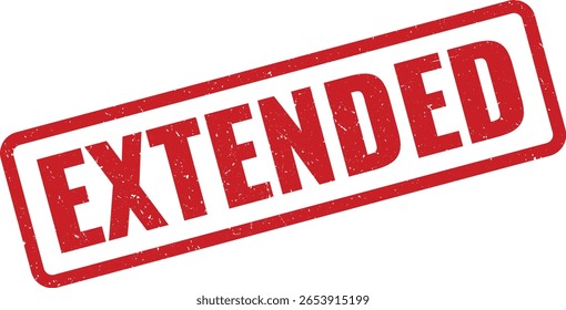 Um carimbo retangular de textura grunge vermelho exibe a palavra EXTENDED diagonalmente em um fundo branco. O carimbo, inclinado, apresenta um olhar desgastado, oficial para anúncios e prazos.